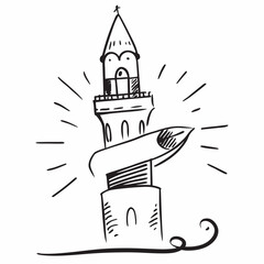Whimsical hand-drawn lighthouse concept symbolizes guidance, inspiration, and reaching new horizons with a touch of creative charm and artistic flair