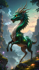 Deer with dragon head leaping in enchanted forest