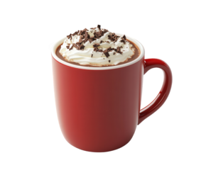 A delicious hot chocolate in a red mug, topped with whipped cream and chocolate shavings, isolated on a transparent background