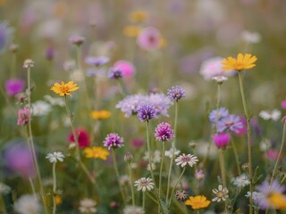 Obraz premium Floral Symphony. A Serene, Colorful Meadow of Wildflowers Soft Hues, Gentle Sunlight.