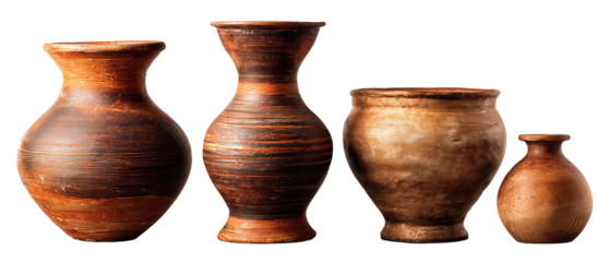 Pottery strip with amphora, vase, bowl and jug in terracotta tone, aligned with equal gaps, isolated on transparent background.
