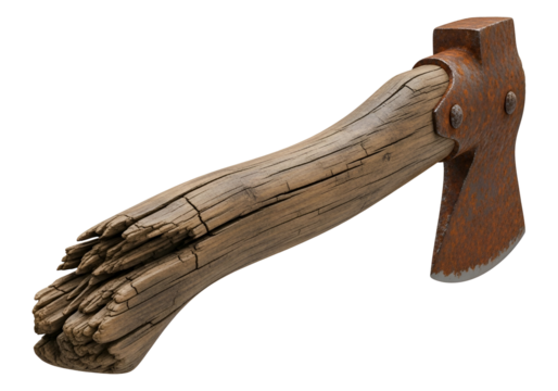 Aged, rusty axe head with a weathered wooden handle, presented against a stark black background.