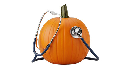 Conceptual image of a stethoscope examining a vibrant orange pumpkin, perfect for fall health check-up campaigns, Halloween wellness articles, or seasonal medical promotions.