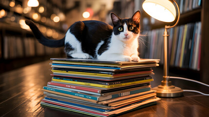 Black and white cat relaxing on stack of vinyl records