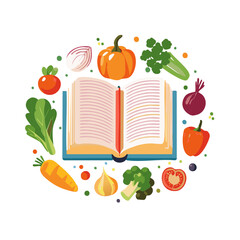 Open recipe book surrounded by a colorful circle of fresh vegetables for a healthy cooking concept