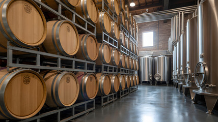 Modern winery with oak barrels and steel tanks