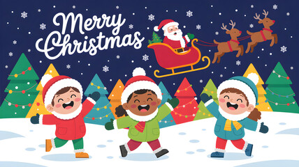 Happy children celebrating christmas eve with santa claus flying in his sleigh