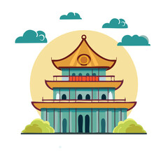 A flat vector illustration of a traditional Asian pagoda temple with a yellow sun and clouds