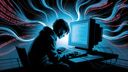 Young programmer writing code and generating data streams