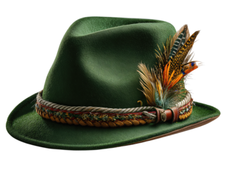 Green felt Alpine hat with cord band and pheasant feather detail, isolated on transparent background.
