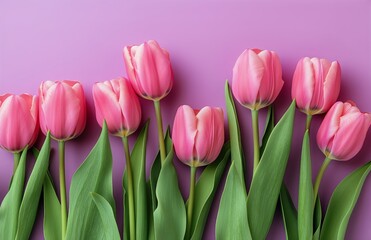 Naklejka premium Pink Tulips Arranged Neatly Against a Soft Purple Background in a Vibrant Spring Display.