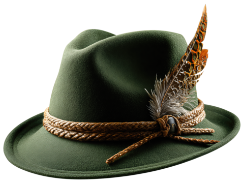 Traditional Tyrolean hat in green felt featuring decorative cord and feather, isolated on transparent background.
