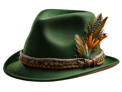 Green felt Alpine hat with cord band and pheasant feather detail, isolated on transparent background.
