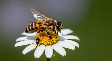 Honeybee pollinating daisy flower. (1)