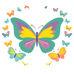 Whimsical Butterfly Gathering Colorful Insect Wings in Flight Around Large Central Butterfly