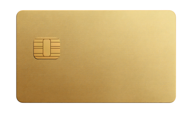 Elegant matte gold credit card design with clean layout and chip slot, isolated on transparent background.
