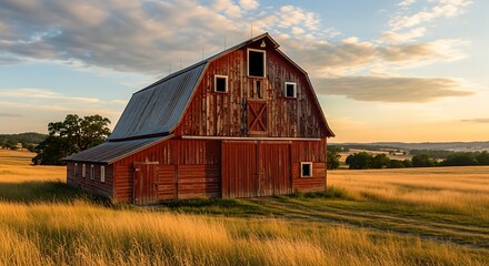 Obraz premium Rustic Red Barn Sunset Landscape.