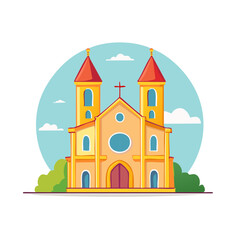 Colorful illustration of church with two towers on a blue backdrop and clouds.