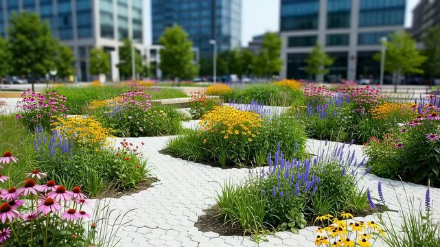View of a completed rain garden featuring interconnected permeable pavement walkways and native wildflowers enhancing urban biodiversity and aesthetics.