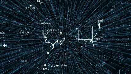 Physics Formulas Zoom Background - A captivating cinematic background featuring various physics formulas and mathematical equations zooming towards the viewer. - Powered by Adobe
