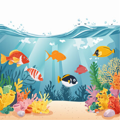 Naklejka premium Colorful Underwater Scene with Tropical Fish and Coral Reef