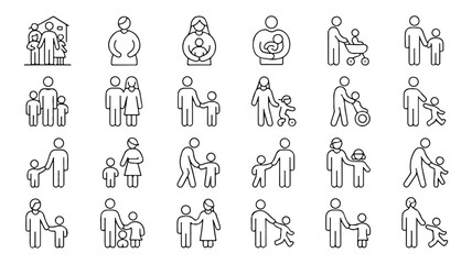 Set of family and parenthood icons depicting parents children and relationships in simple outline style