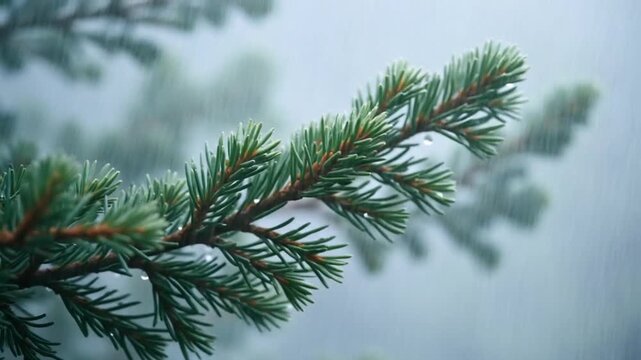 Rain on the pine tree branches
