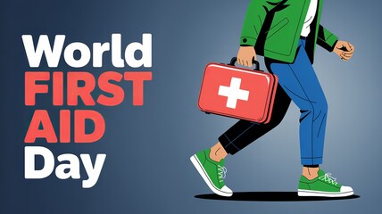 Illustration showing person carrying first aid kit on awareness day.