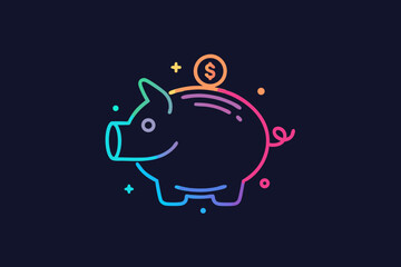 piggy bank with coins glowing neon minimal line illustration