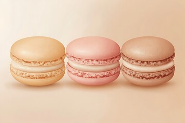 Obraz premium Warm beige background with a trio of macarons in soft pastel shades, neatly aligned