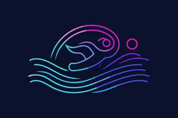 swimming figure in pool glowing neon minimal line icon