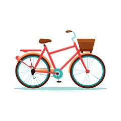 Fototapeta premium Red retro bicycle with a basket, vintage bike in flat design style