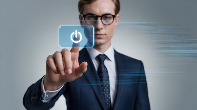 Confident businessman in suit activates digital interface with power button for modern business solutions