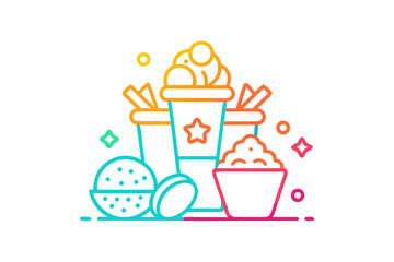 Glowing snack combo icon with nachos soda and popcorn