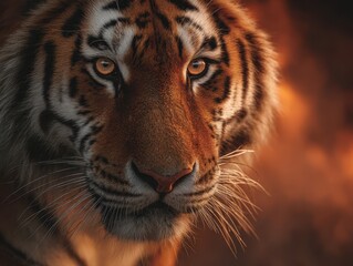 Naklejka premium Majestic tiger gazes intently in a warm, dramatic setting during twilight hours