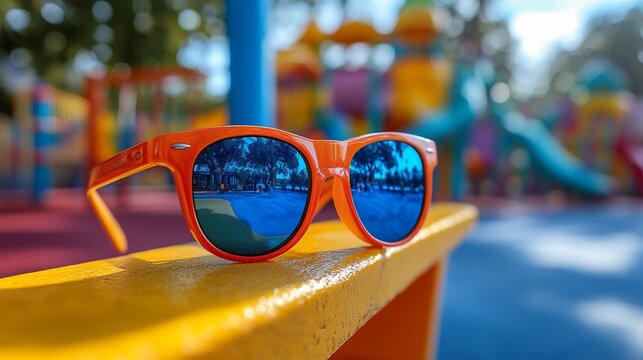 Pair of kids' colorful sunglasses on a playground bench with bright slides and swings in the background designed for fun and durability during active outdoor play