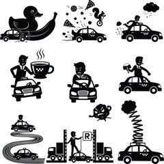 Funny Taxi Driver Vector Silhouettes – Surreal Taxi Ride Clipart, Coffee, Bananas, Animals, Humor, Car Chaos, Parking, Passengers