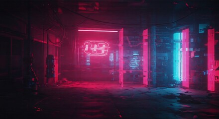 Naklejka premium Futuristic cyberpunk alleyway lit by neon signs and vibrant color tones creating an urban environment
