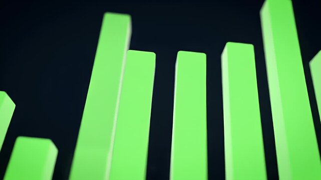 Vibrant green 3D bar graph depicting financial growth and market analysis, symbolizing upward trends and successful business development in a modern digital landscape
