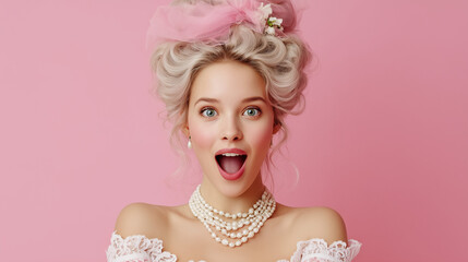 Portrait of Woman with Marie Antoinette Hairstyle in Pink Studio, Wearing Rococo Dress with Laces, Baroque Elegance, Historical Fashion, Surprised, Excited Expression with Open Mouth and Wide Eyes.