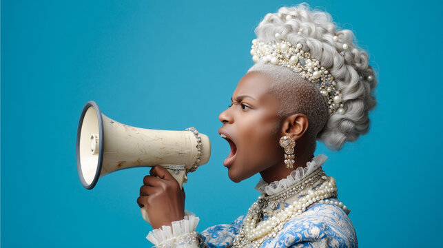 Portrait of Black Man with Marie Antoinette Hairstyle Announcing and Shouting into Megaphone in Blue Studio, Wearing Rococo Costume with Laces, Pearls in Hair, Baroque, Queer Fashion Concept in Studio