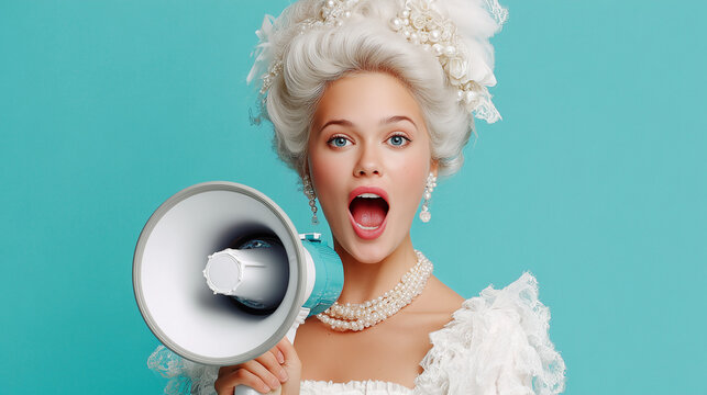Portrait of Woman with Marie Antoinette White Wig, Hairstyle Announcing and Shouting into Megaphone, Wearing White Rococo Costume with Laces, Pearls in Hair, Baroque, in Blue Studio. 