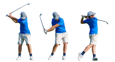 Junior golfer swinging golf club on transparent background