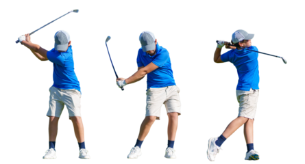 Junior golfer swinging golf club on transparent background