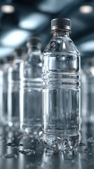 Water bottles in a modern industrial setting with focused lighting highlighting clarity and freshness of hydration