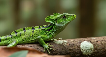 Green Basilisk Lizard in Rainforest.