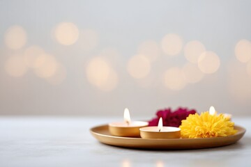 Warm glow of candles surrounded by vibrant flowers creates seren