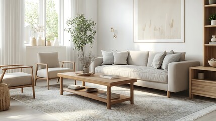 Fototapeta premium Beautiful Apartment, Sofa, Chair, Dining Table wall Mockup Interior design of modern living room