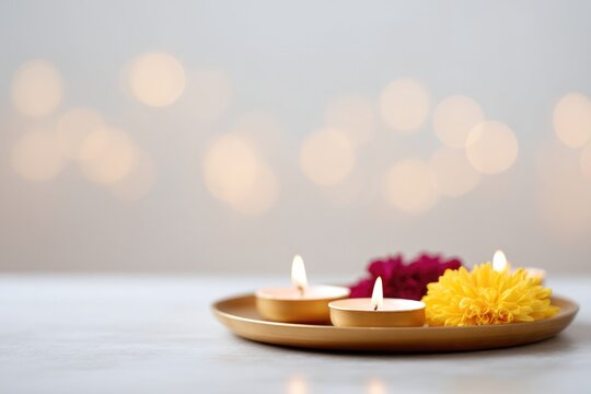 Warm glow of candles surrounded by vibrant flowers creates seren