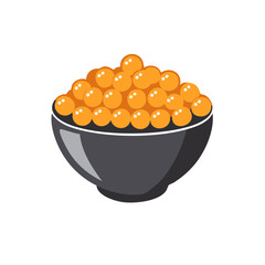Bowl full of orange roe illustration, sea food delicacy icon, fish eggs in gray bowl, gourmet illustration
